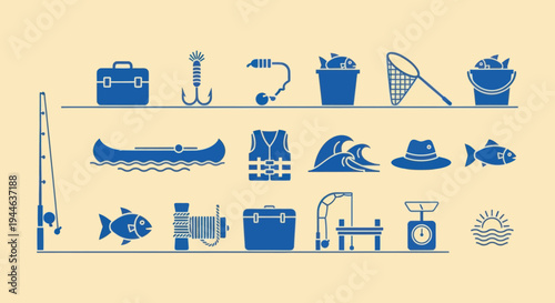 Fishing Equipment and Icons Set