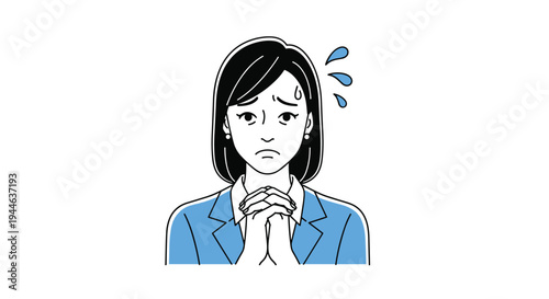 Worried businesswoman in a professional suit clasps her hands together in a gesture of concern or sincere request for help.