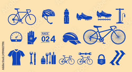 Cycling sport equipment icons set, blue flat design on beige background