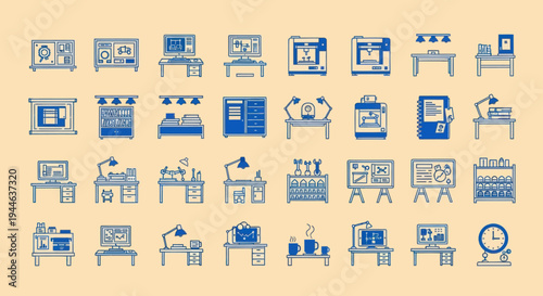 Pixel Art Office Workspace Icons: Desks, Computers, Lamps, 3D Printers, Clocks