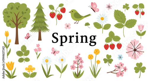 Beautiful spring season collection featuring various colorful flowers, green trees, birds, butterflies, and strawberries.