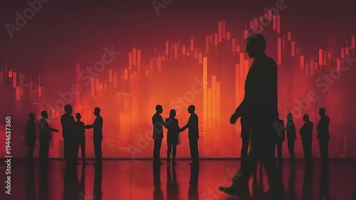 Strategic silhouettes: corporate interactions against financial backdrop, symbolizing collaboration and market analysis in a dynamic business environment