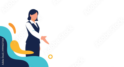 Professional businesswoman in dark vest and white shirt reaches out her hand for a welcoming handshake gesture.