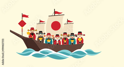Traditional Japanese treasure ship known as Takarabune carrying the Seven Lucky Gods across the rolling ocean waves.