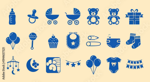Baby Shower Icons Set - Blue on Beige Background