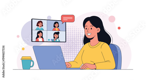 Happy female professional participates in online business meeting via video conference on her laptop in office.