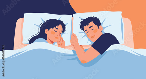 Young man and woman sleeping peacefully under a blue blanket in a cozy bedroom during night or morning time.