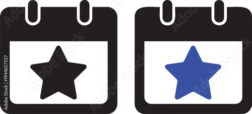Calendar Event Icons: A visual representation of two calendar pages, one with a black star and the other with a blue star, symbolizing important dates or events.