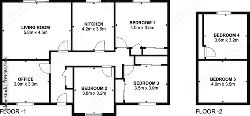 Modern residential two floor house architectural plan with living room kitchen office and five bedroom layout illustration.
