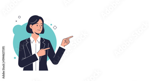Professional businesswoman in dark suit points her fingers to the side toward copy space for advertisement or text.