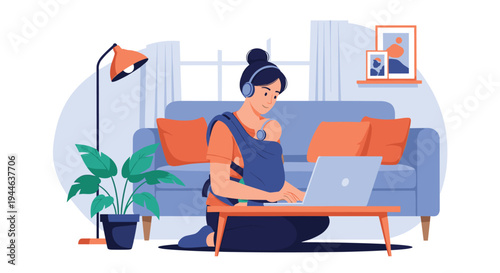 Dedicated mother working on her laptop in the living room while carrying her sleeping baby in a blue baby sling.