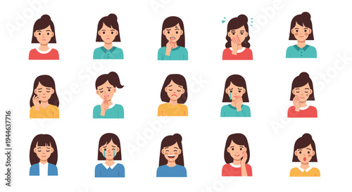 Diverse collection of a young woman's facial expressions showing various emotions from happy and sad to angry and confused.