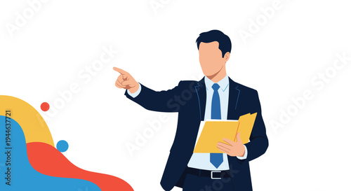 Professional businessman in dark suit points his finger toward side while holding a yellow folder with documents.
