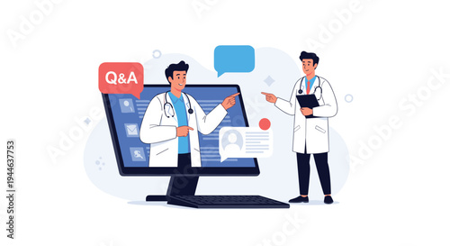 Two doctors participating in an online medical consultation or q and a session using a large computer monitor and icons.