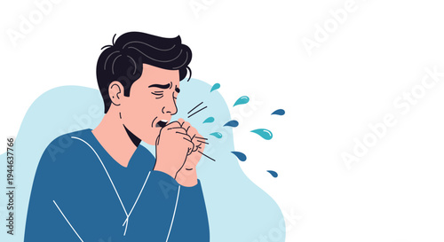 Young man in a blue sweater coughing and sneezing heavily with water droplets showing the spread of a cold or flu virus.