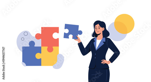 Professional businesswoman in a suit holding a missing blue puzzle piece to complete a colorful jigsaw puzzle board.