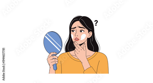 Concerned woman looking at her face in a handheld mirror while noticing white patches or skin problems on her cheeks.