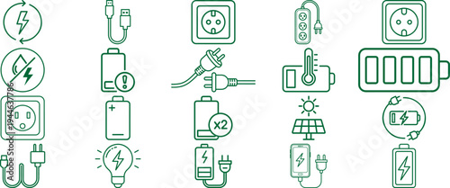 Collection of energy and battery icons including charging symbols power outlets and solar energy for technology and sustainability concepts