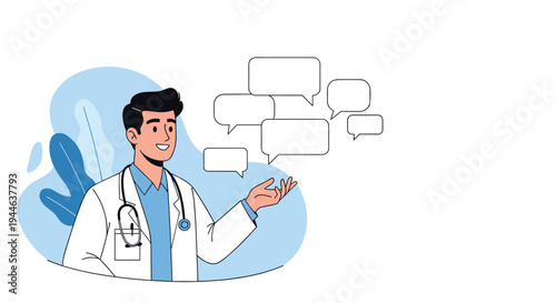 Friendly male doctor in a white coat explaining medical information using several empty speech bubbles for communication.