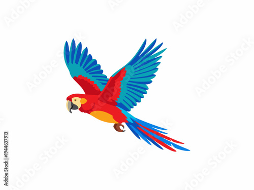 Flying Scarlet Macaw Parrot Isolated on White Background Vector Illustration
