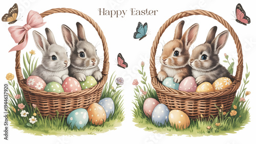Cute Easter Bunnies In Basket With Colorful Eggs, Watercolor Easter Rabbits With Pastel Eggs Illustration, Happy Easter Bunny Basket Spring Holiday Design, Adorable Easter Rabbits With Eggs And Butter