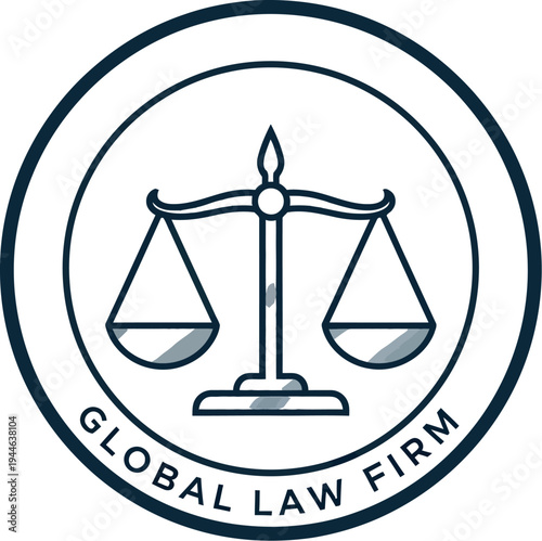 Simple stylized icon featuring the scales of justice inside a circle with the words global law firm underneath for legal branding.