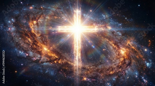 Shining cross of Jesus Christ floating in deep space galaxy. Religious divine light cosmic symbol. Resurrection and christianity faith concept. Easter spiritual enlightenment and glory.