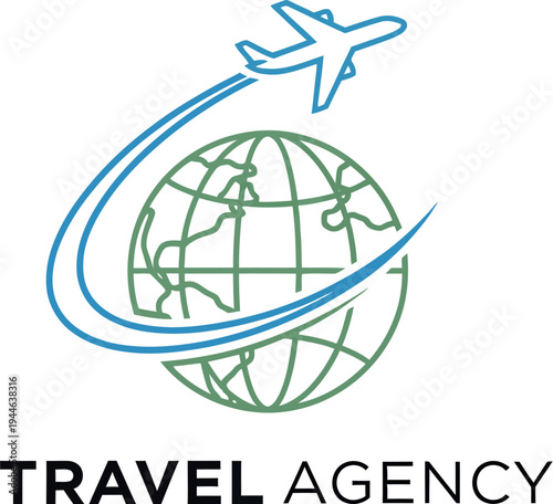 Minimalist travel agency logo design featuring a stylized airplane flying around a green globe with curved blue lines