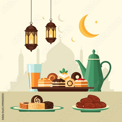 A festive Ramadan or Eid celebration scene with traditional lanterns, a crescent moon, a mosque silhouette, a platter of sweets, a teapot, and dates.
