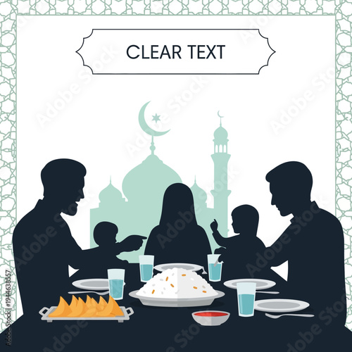 Muslim family breaking fast together during Ramadan with a mosque in the background, featuring traditional food and drinks.