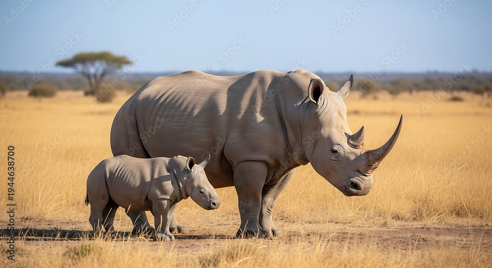 Fototapeta premium Mother and baby rhinoceros grazing in the savanna during daytime