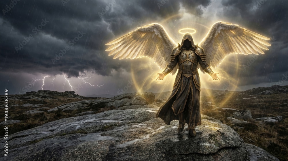 Obraz premium Angel in armor standing on rock during thunderstorm. Divine warrior with glowing wings and halo providing protection. Religious art representing spiritual guardian and biblical power.