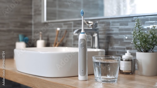Modern toothbrush and glass of water on bathroom countertop product shot