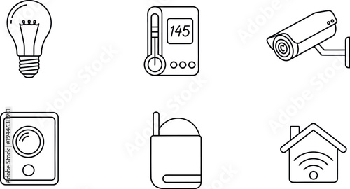 Collection of line art icons representing various smart home automation devices and modern technology security elements
