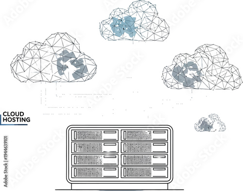 Network diagram illustrating abstract concept of data connection between servers and multiple polygonal clouds representing cloud hosting services