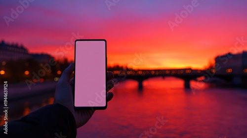 Smartphone held up to capture vibrant sunset over river and bridge