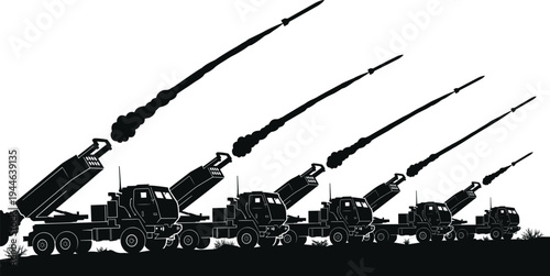 Tactical silhouette of a mobile rocket launcher battery deploying a coordinated massed missile strike in echelon formation.