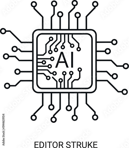 Simple black and white line icon graphic design depicting a central microprocessor chip clearly labeled with the letters a and i for artificial intelligence technology.