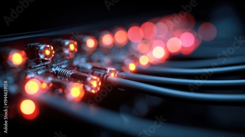 Close up of network cables with glowing orange lights in a dark environment