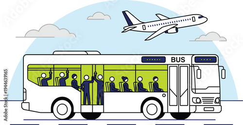 Public transport bus with passengers inside and commercial airplane flying overhead for travel and urban logistics concept