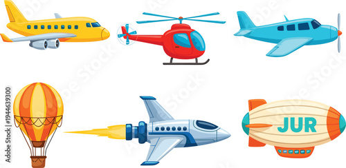 Set of Colorful Air Transportation Vehicles, Airplanes, Helicopter, Hot Air Balloon, Jet, and Zeppelin Illustrations for Travel and Aviation Concepts
