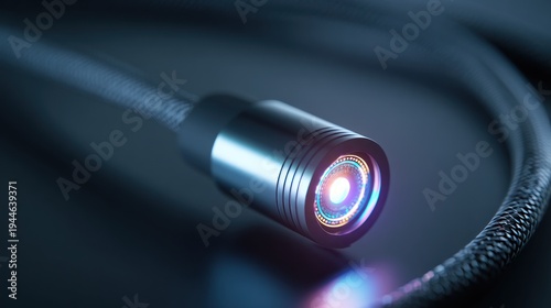 Close up of a fiber optic cable end with glowing light source