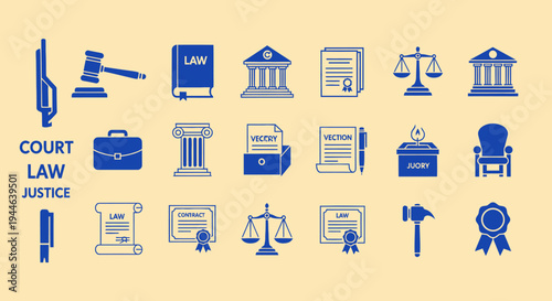 Legal Icons Set: Justice, Law, Court, Gavel, Scales, Document, Courthouse, Briefcase