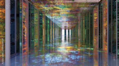 Abstract corridor with colorful reflections creating a surreal perspective