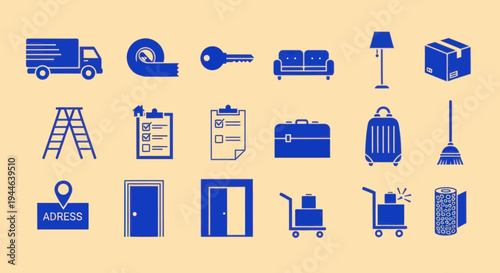Moving House Icons: Truck, Boxes, Furniture, Tools, and Supplies