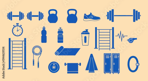 Gym Equipment Icons Set: Dumbbells, Kettlebells, Yoga Mat, Jump Rope, Stopwatch, Lockers