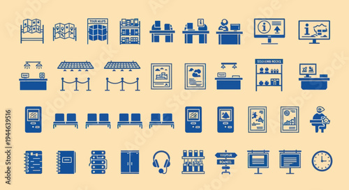 Information Desk and Waiting Area Icons Set - Blue on Beige Background