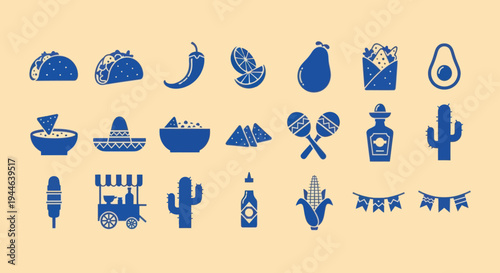 Mexican Fiesta Icons: Tacos, Cacti, Maracas, Sombrero, Chili, Avocado, Tequila