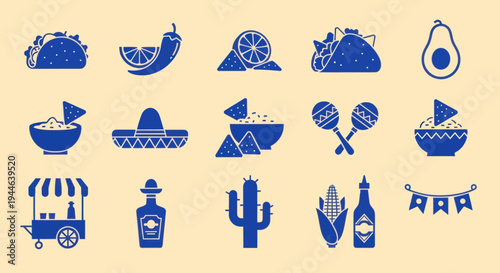 Mexican Food Icons: Tacos, Guacamole, Sombrero, Cactus, Tequila, Maracas