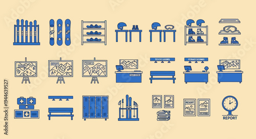 Ski Resort Service Icons: Equipment, Info, and Facilities Set
